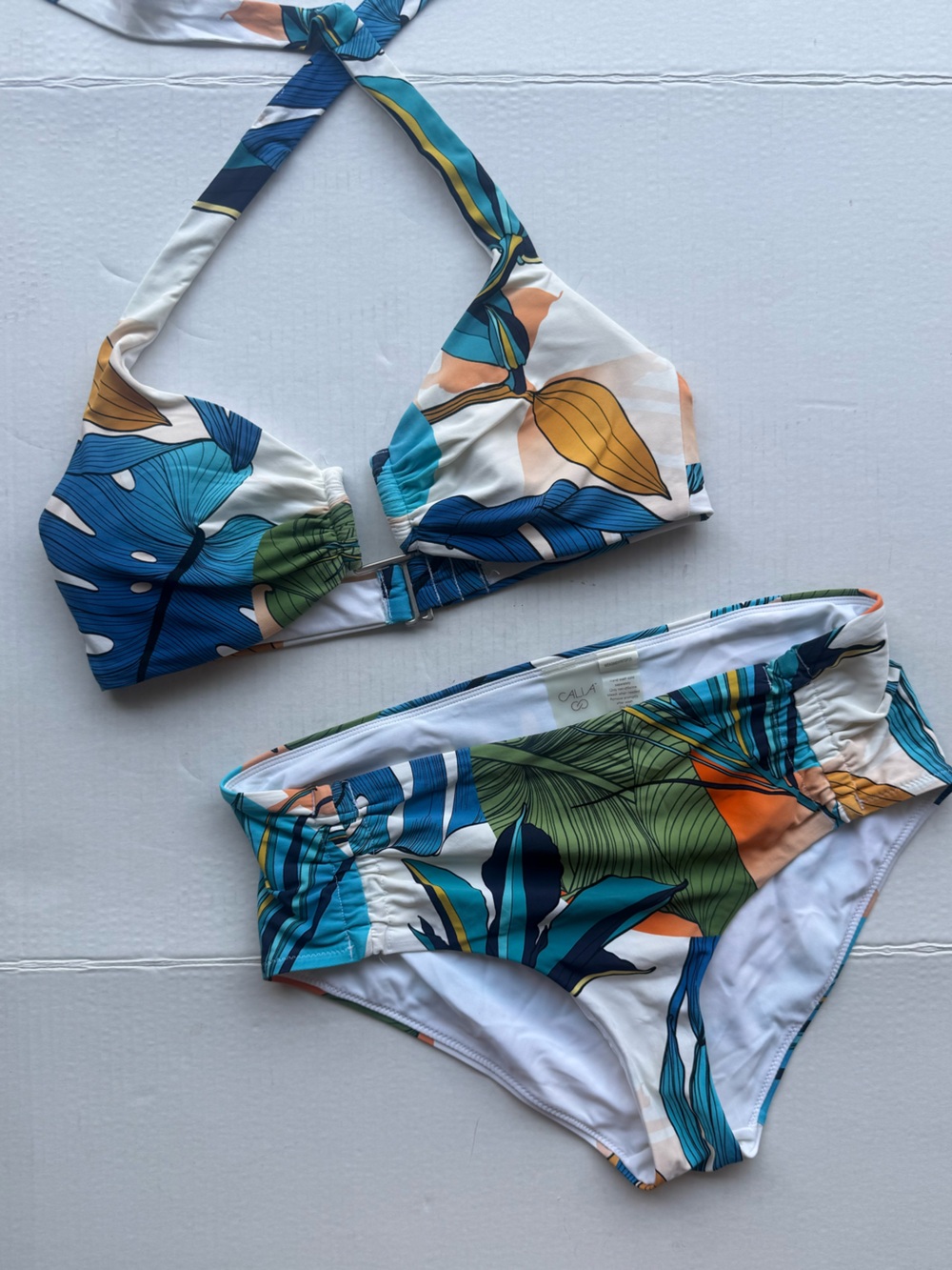 Woman bikini Tropical Leaf Print Bikini Set - Teal, Blue, Green, Orange, White
